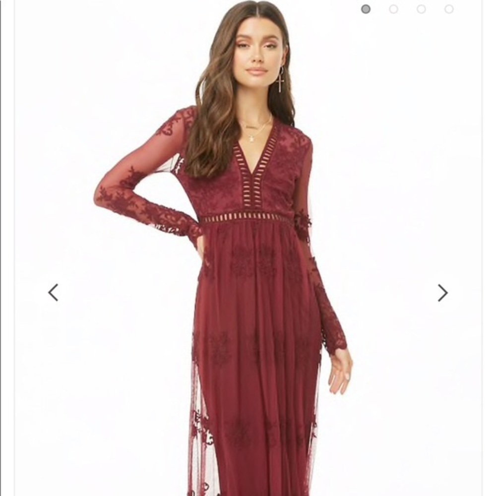 Sheer Embroidered Maxi Dress- Burgundy